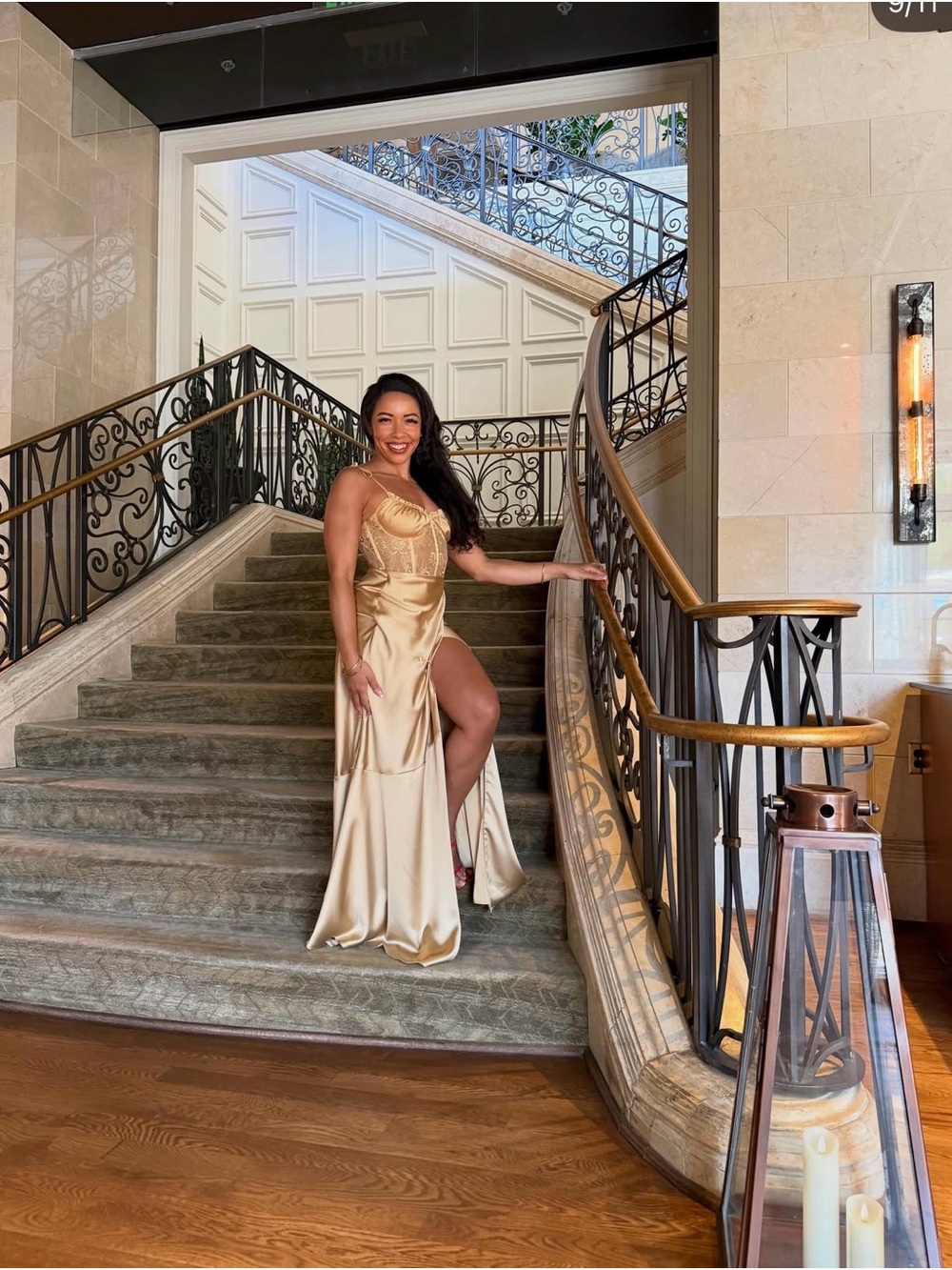 Gold Satin Evening Gown with High Slit